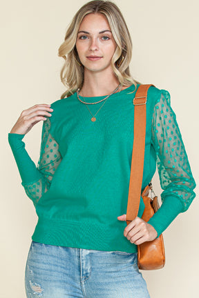 Green Dotted Mesh Puff Sleeve Top-True and Wild