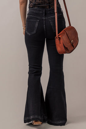 Black High Waist Button Front Flare Jeans-True and Wild