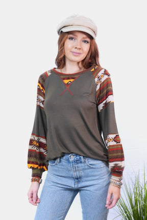 Celeste Full Size Geometric Round Neck Long Sleeve Top-True and Wild