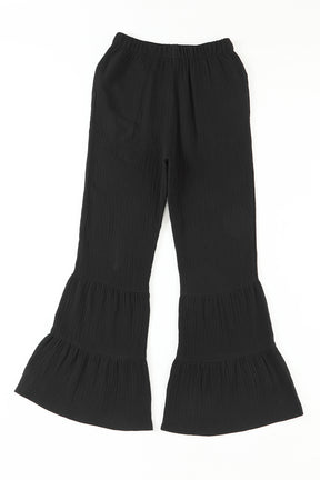 Black Plain Cotton Tiered Ruffle Flare High Waisted Pants-True and Wild