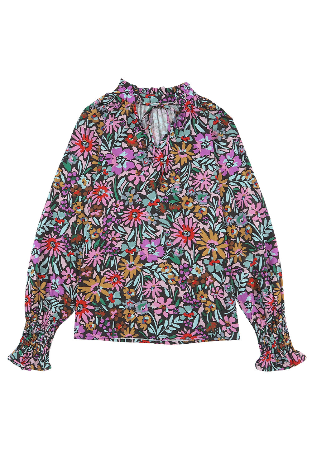 Multicolor Floral Boho Tie V Neck Peasant Blouse-True and Wild