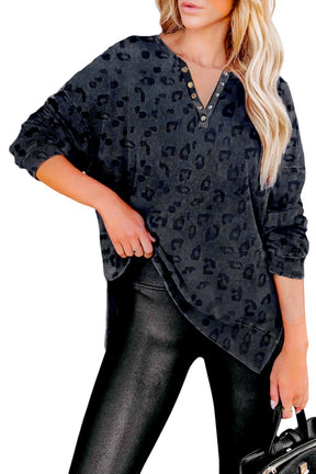 Grey Leopard Print Textured Drop Shoulder Henley Shirt-True and Wild