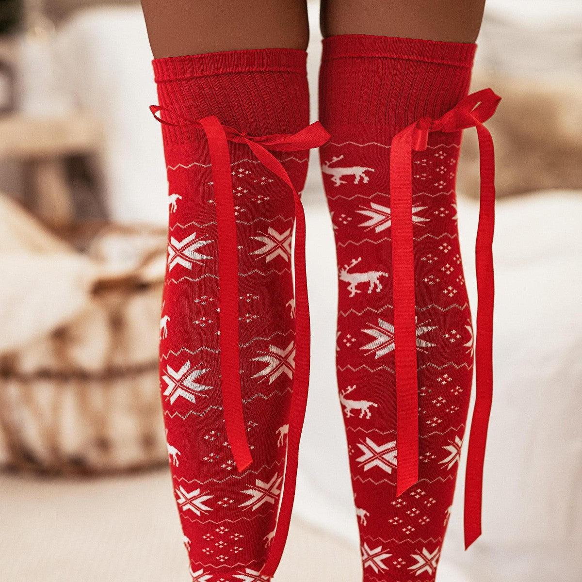 Christmas Element Bowknot Ribbed Trim Over Knee Stockings-True and Wild