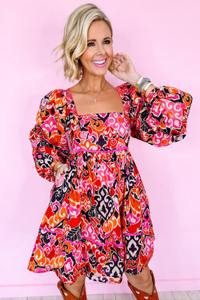 Pink Geometric Print Square Neck Puff Sleeve Mini Dress-True and Wild