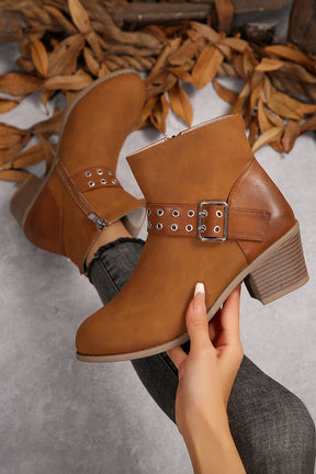 Chestnut Eyelet Buckled Chunky Heel Faux Leather Ankle Boots-True and Wild