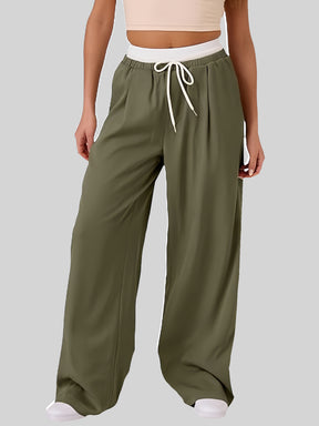 Contrast Waistband Drawstring Wide Leg Pants-True and Wild