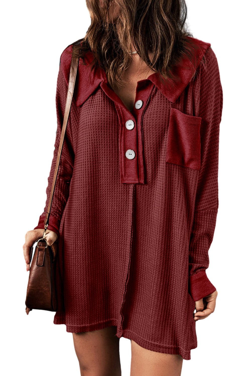 Red Waffle Pocket Seam Patchwork Loose Top-True and Wild