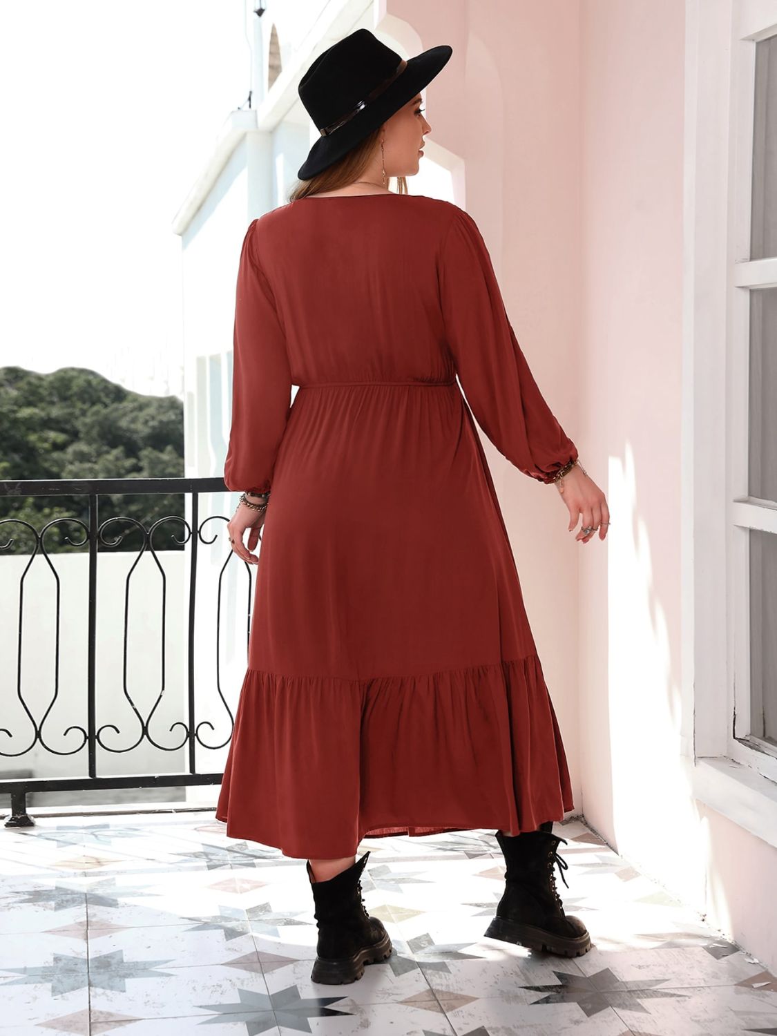 Plus Size Quarter Button V-Neck Long Sleeve Dress-True and Wild