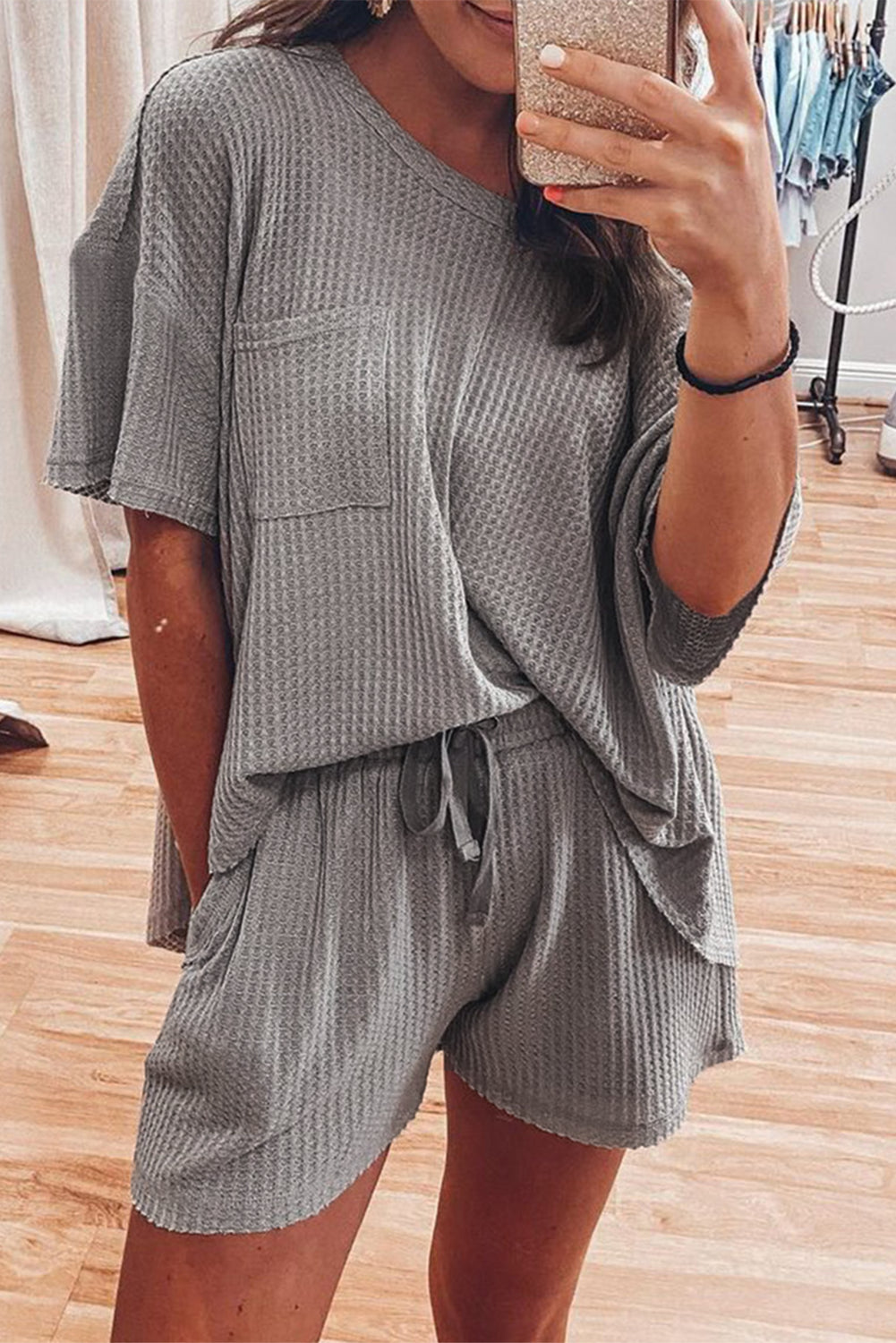 Two Piece Shorts Sets - Gray Solid Color Waffle Knit T Shirt And Shorts Set