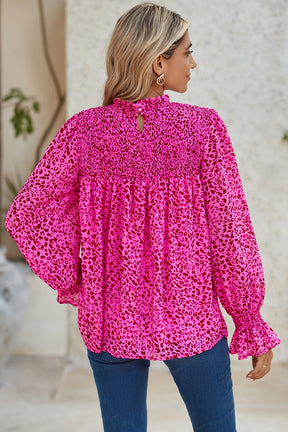 Rose Leopard Shirred Puff Sleeve Flowy Blouse-True and Wild