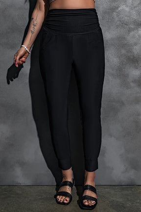 Black Pleated Casual Pocket High Waisted Leggings-True and Wild