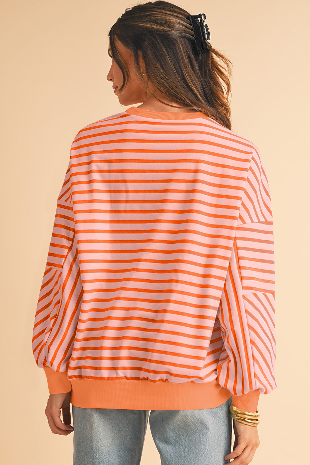 Blue Stripe Drop Shoulder Crew Neck Loose Sweatshirt-True and Wild