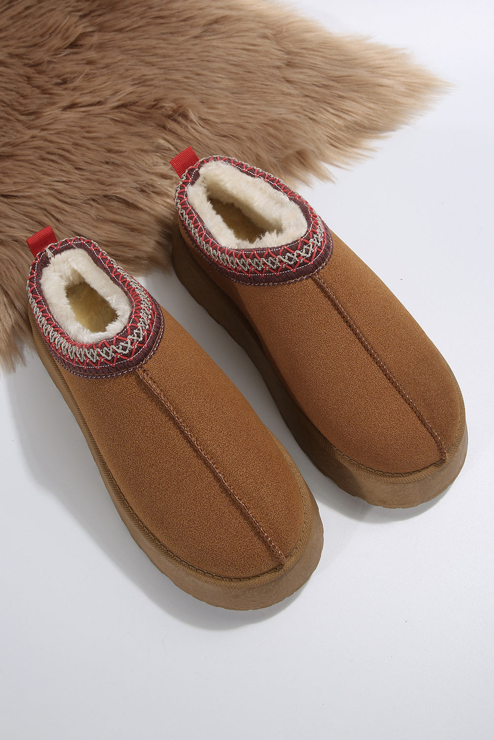 Chestnut Suede Contrast Print Round Toe Plush Lined Flats-True and Wild