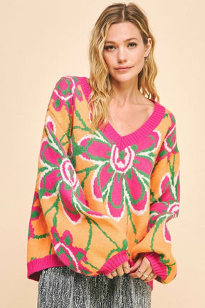 Davi & Dani Floral Contrast V-Neck Dropped Shoulder Sweater-True and Wild