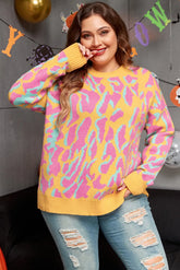 Plus Size Contrast Round Neck Long Sleeve Sweater-True and Wild