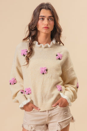 BiBi Ruffled Crochet Flower Dropped Shoulder Sweater-True and Wild