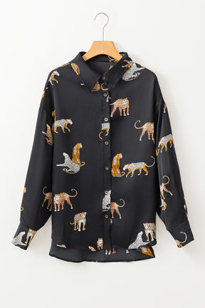 Black Animal Print Button Up Satin Shirt-True and Wild