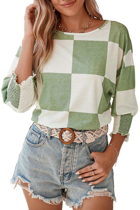 Grass Green Checkered Ruffle Smocked Cuffs Tee-True and Wild