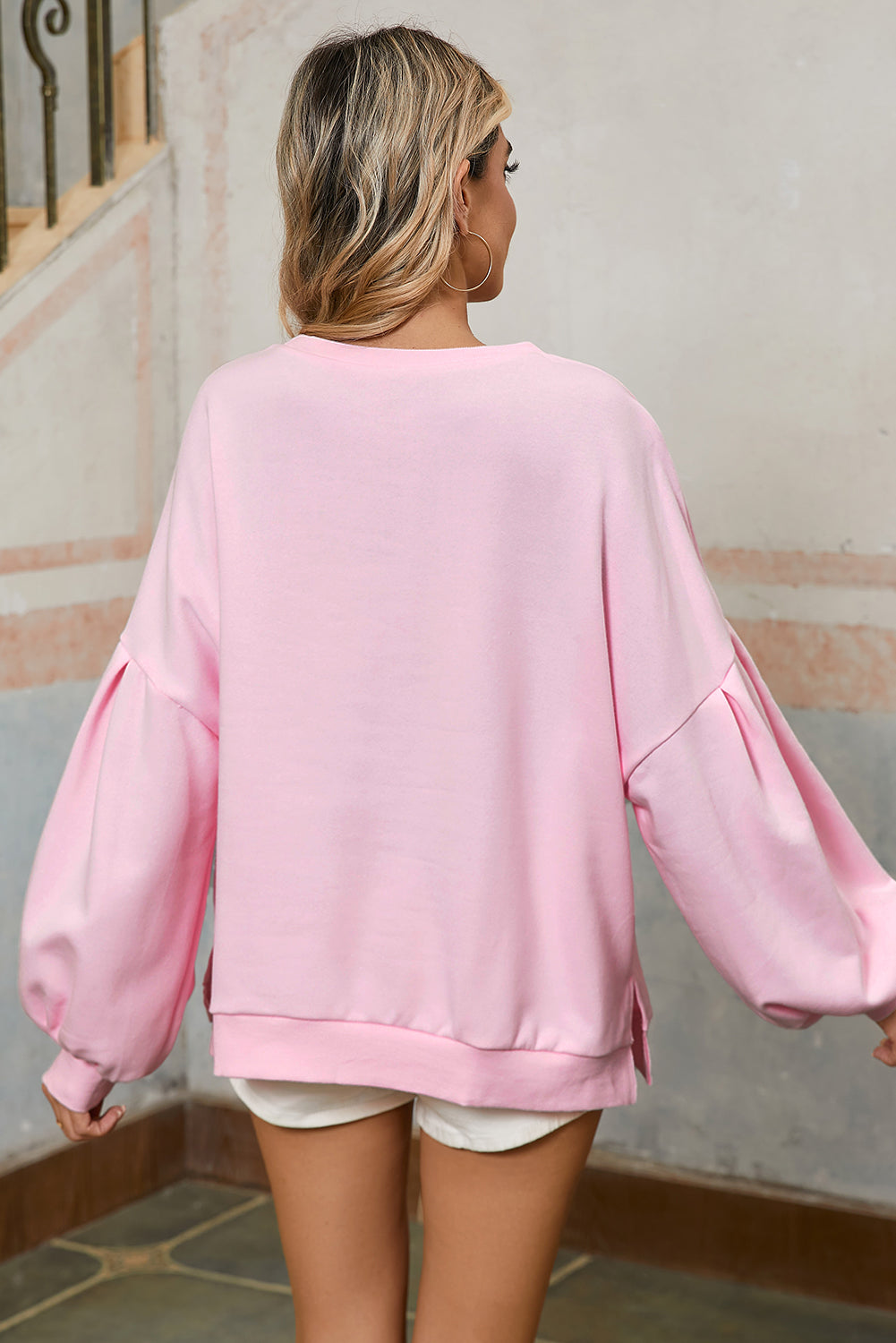 Light Pink Sweet Bow Lantern Sleeve Oversized Pullover Sweatshirt-True and Wild