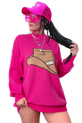 Rose Red YEEHAW Cowboy Hat Drop Shoulder Oversized Sweater-True and Wild