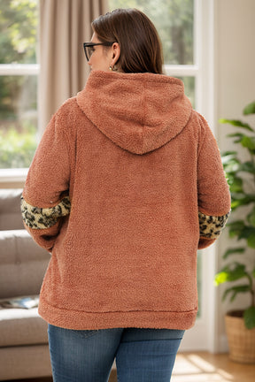 Plus Size Leopard Kangaroo Pocket Long Sleeve Hoodie-True and Wild