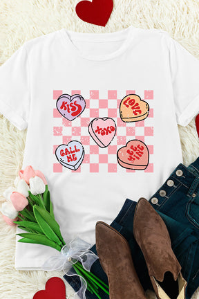 White Checkered Valentines Heart Printed Crewneck T Shirt