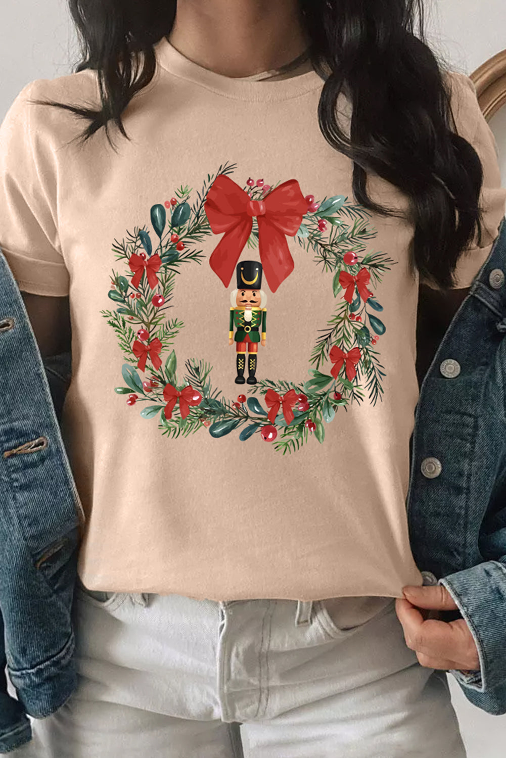 Graphic Tees - Khaki Nutcracker Bow Christmas Wreath Crewneck Printed T Shirt