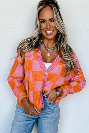 Orange Checkered Buttoned V Neck Drop Shoulder Cardigan-True and Wild