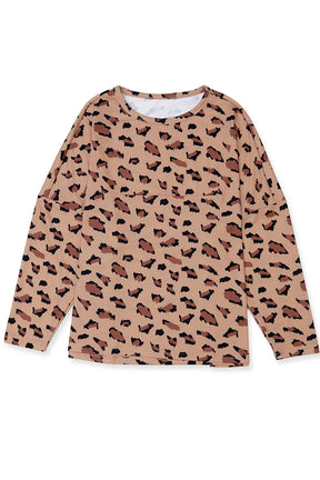 Brown Leopard Stitching Loose Long Sleeve Top-True and Wild