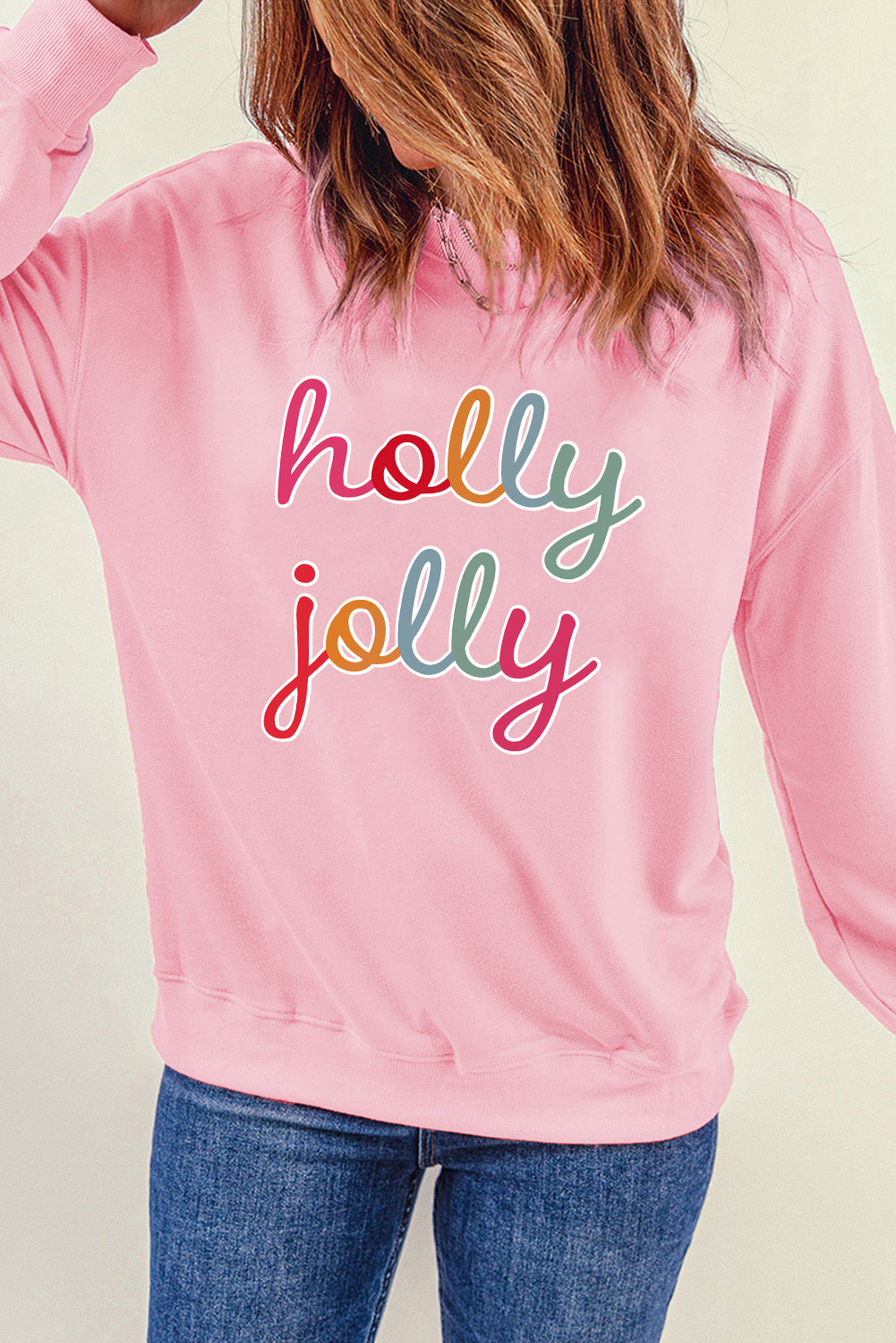 Pink holly jolly Printed Round Neck Sweatshirt-True and Wild