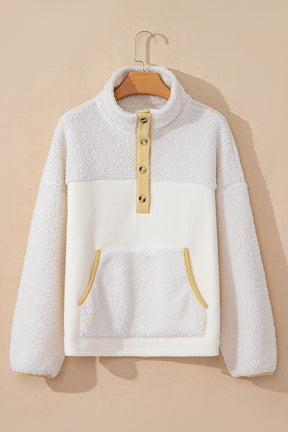 Beige Fleece Colorblock Trim Buttons Collar Sweatshirt with Pocket-True and Wild