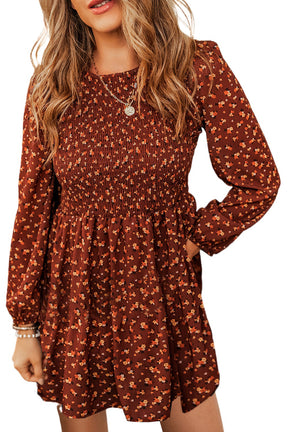 Brown Ditsy Floral Smocked Puff Sleeve Mini Dress-True and Wild