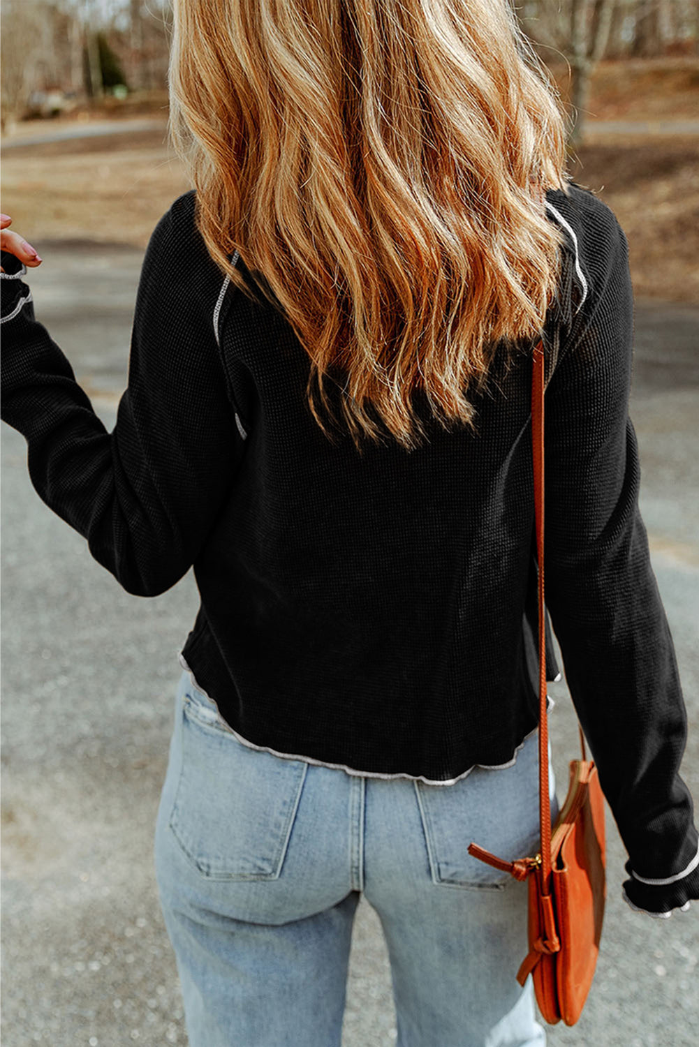 Black Textured Crewneck Long Sleeve Top-True and Wild