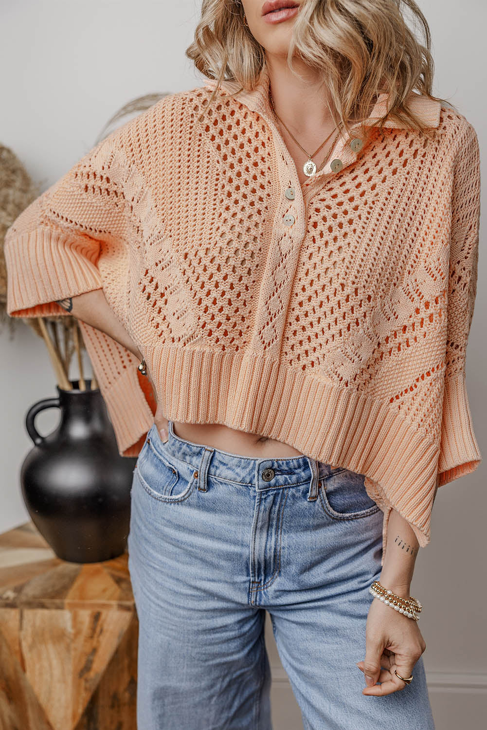 Apricot Pink Hollowed Knit 3/4 Dolman Sleeve Buttoned Collared Sweater-True and Wild