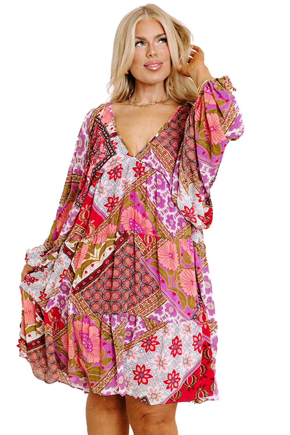 Rose Floral Patchwork Long Sleeve V Neck Lace-up Back Plus Size Dress-True and Wild