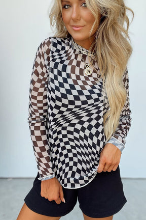 Black Checkered Pattern Mesh Long Sleeve Top-True and Wild