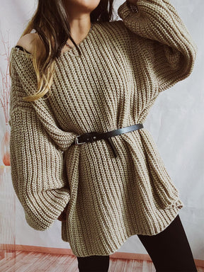 Boat Neck Long Sleeve Sweater With Belt