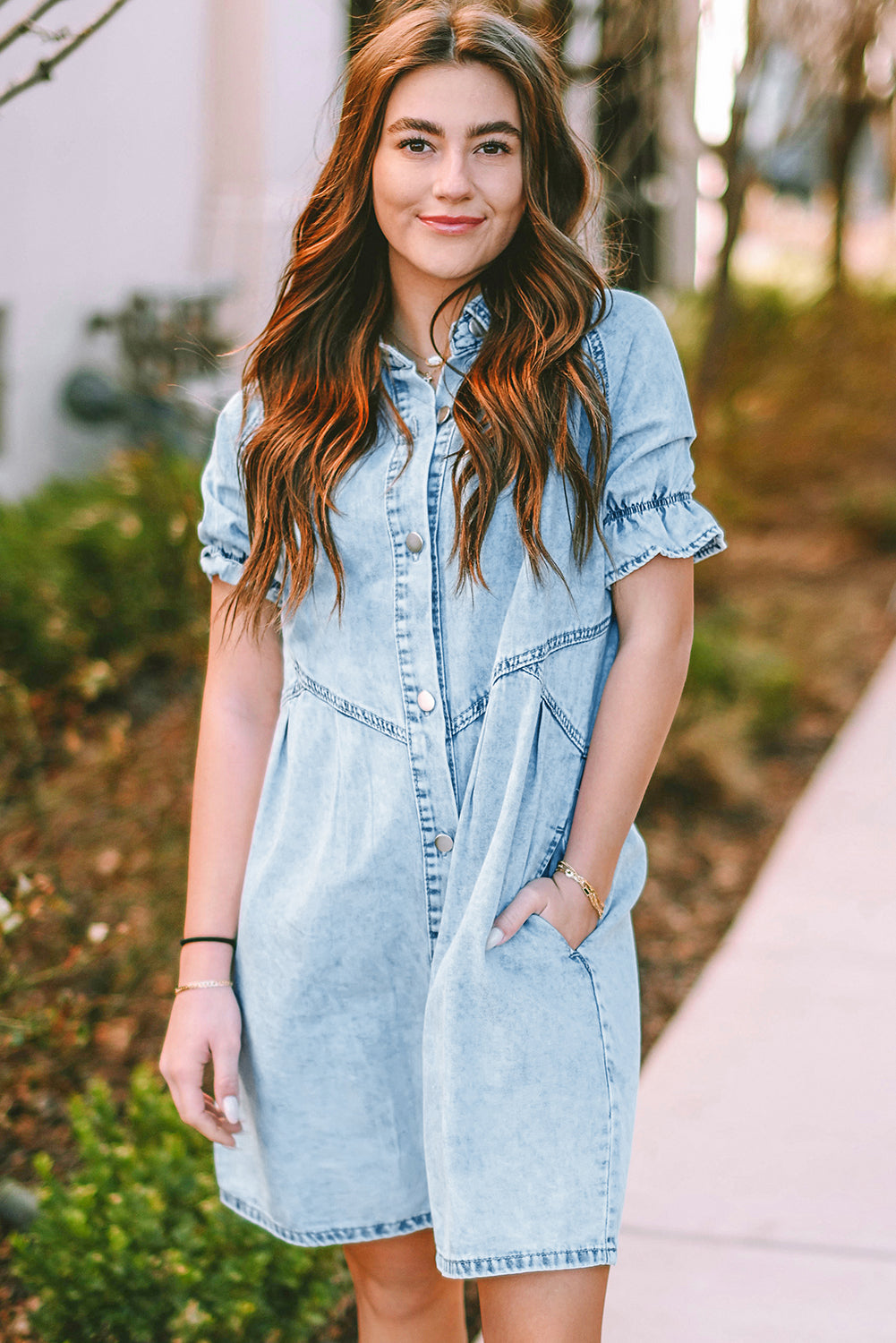 Blue Mineral Washed Ruffled Short Sleeve Pocketed Denim Dress-True and Wild