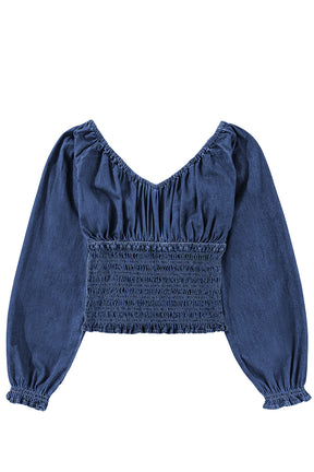 Dark Blue Smocked Ruffle Puff Sleeve V Neck Denim Top-True and Wild