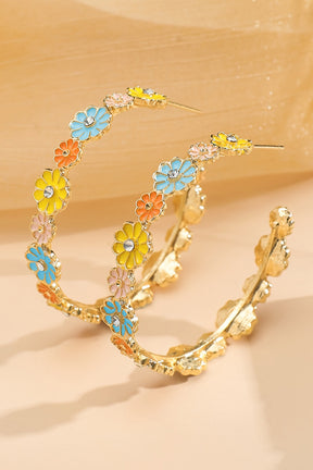 Gold Rhinestone Daisy Flowers Hoop Earrings