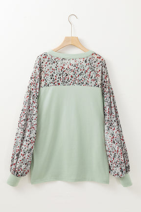 Meadow Mist Green Floral Print Bubble Sleeve Henley Loose Top-True and Wild