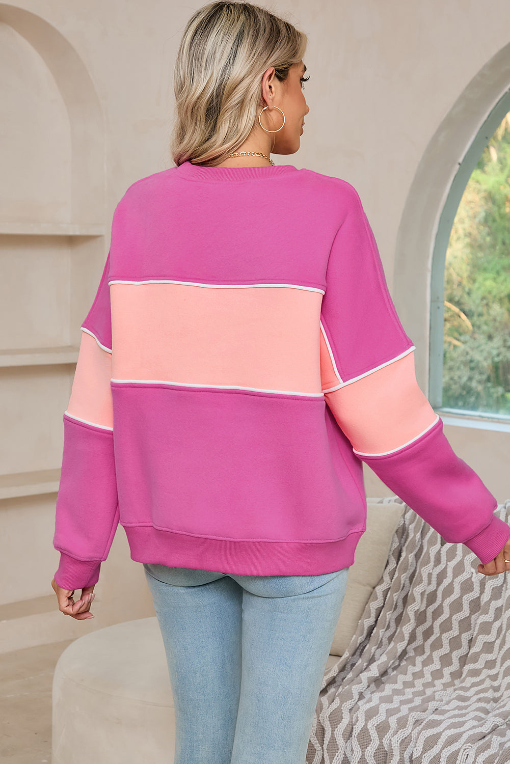 Sachet Pink Colorblock Ribbed Trim Sweatshirt