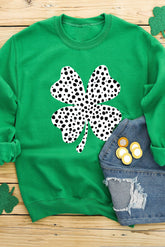 Dark Green St Patricks Day Leopard Four Leaf Clover Graphic Crewneck Sweatshirt