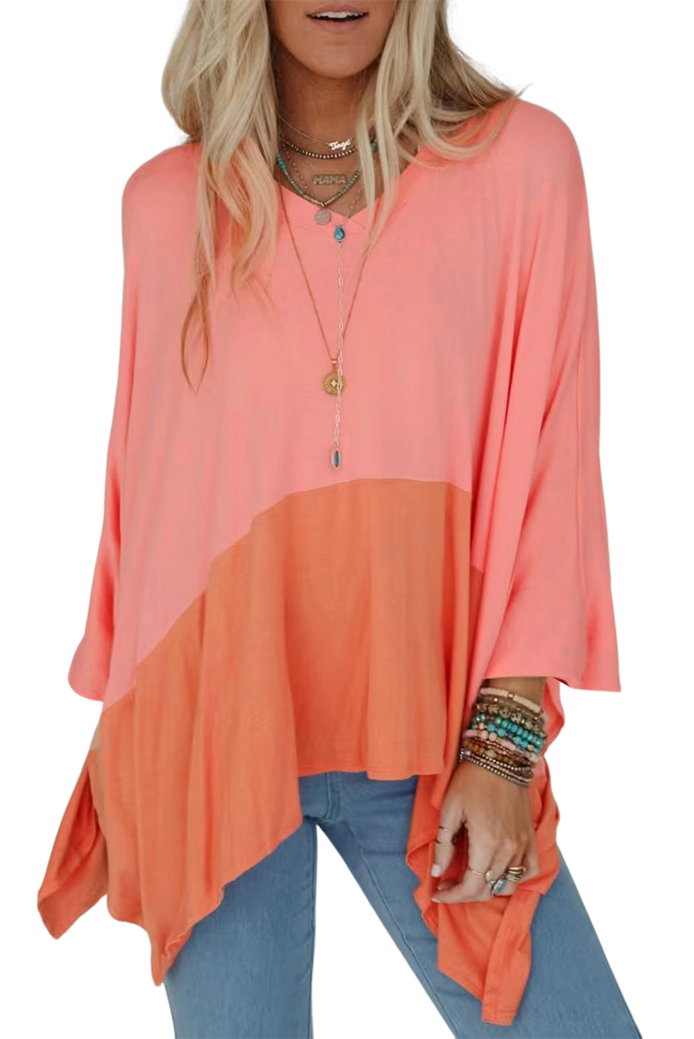 Grapefruit Orange Colorblock V Neck Slits Oversized Top-True and Wild