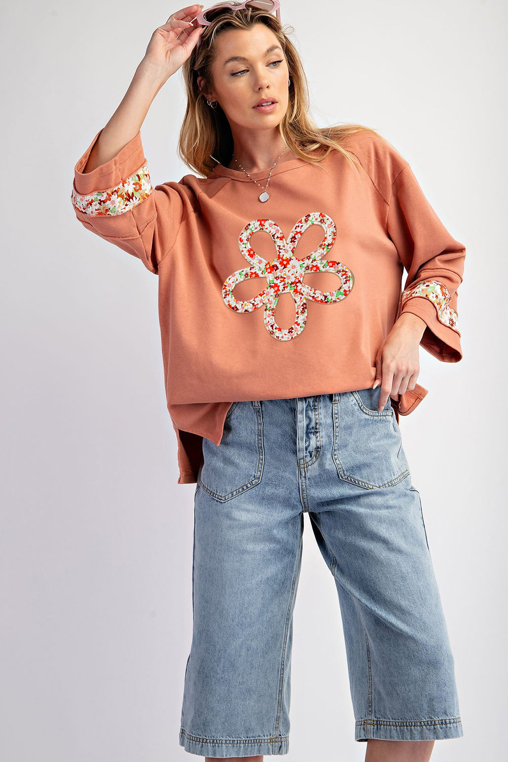 Grapefruit Orange Flower Exposed Seam Patchwork Loose Top-True and Wild