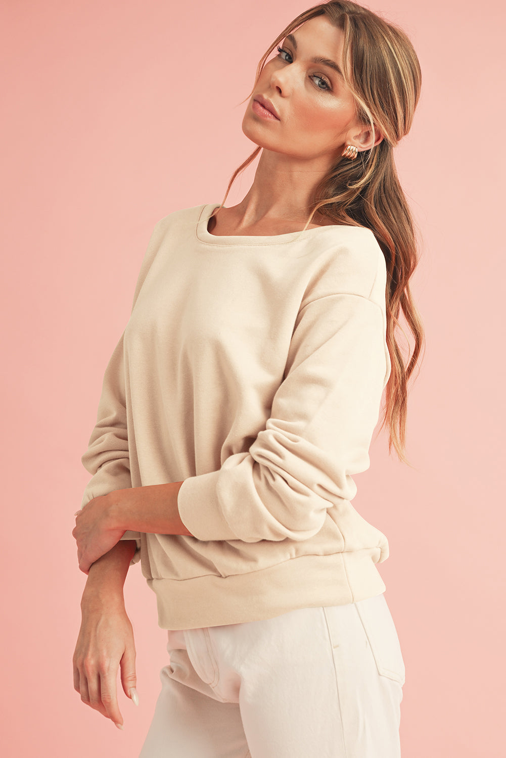 Apricot Bowknot Plain Round Neck Sweatshirt-True and Wild