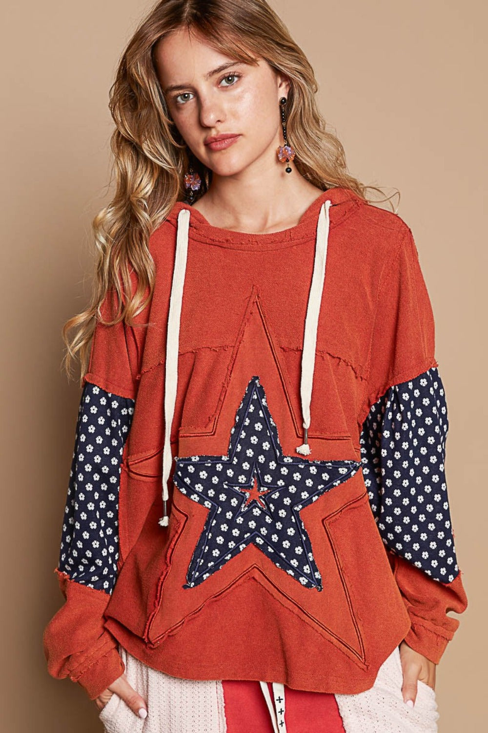 POL Star Patchwork Raw Edge French Terry Hoodie-True and Wild