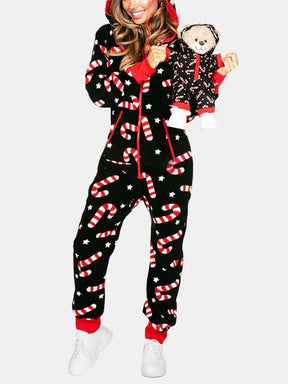 Printed Zip Up Long Sleeve Hooded Jumpsuit-True and Wild