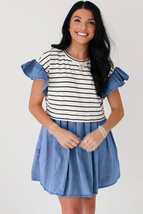 Black Stripe Ruffle Denim Patchwork Round Neck Mini Dress