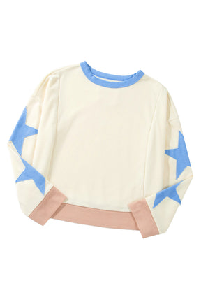 Parchment Star Patchwork Exposed Seam Oversized Sweatshirt-True and Wild